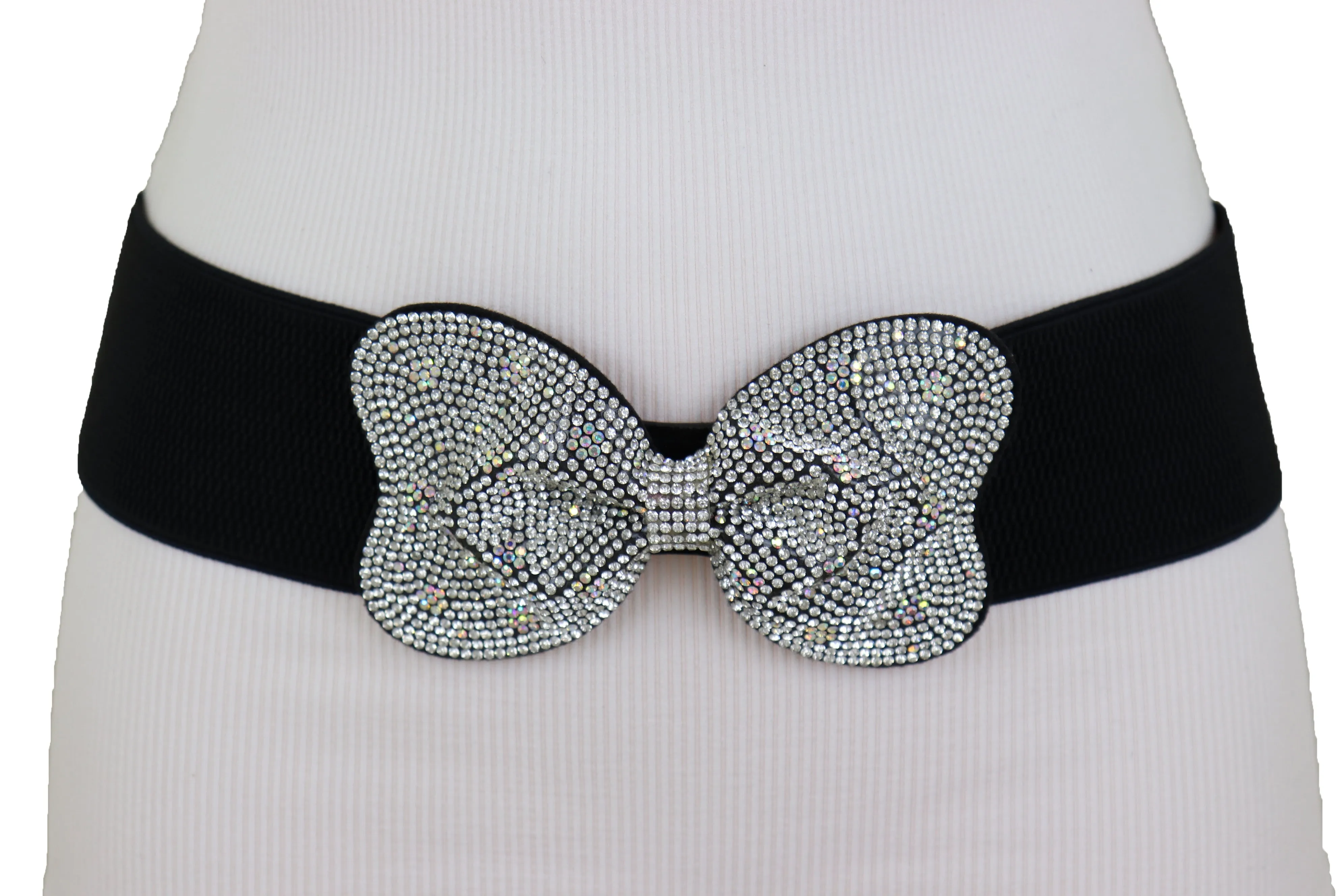 Evening Fashion Belt Black Elastic Waistband Bow Tie Bling Buckle S M L