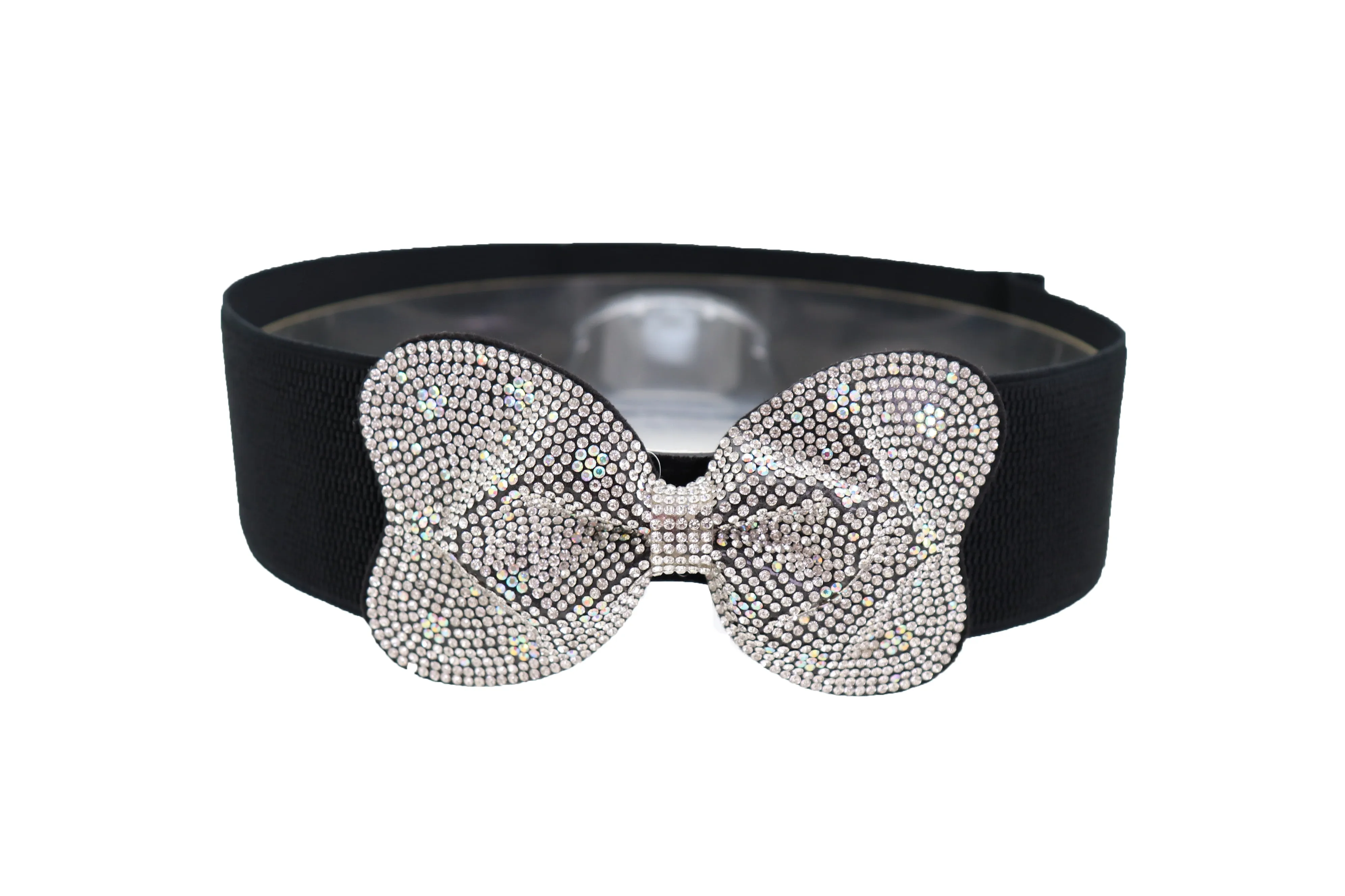 Evening Fashion Belt Black Elastic Waistband Bow Tie Bling Buckle S M L