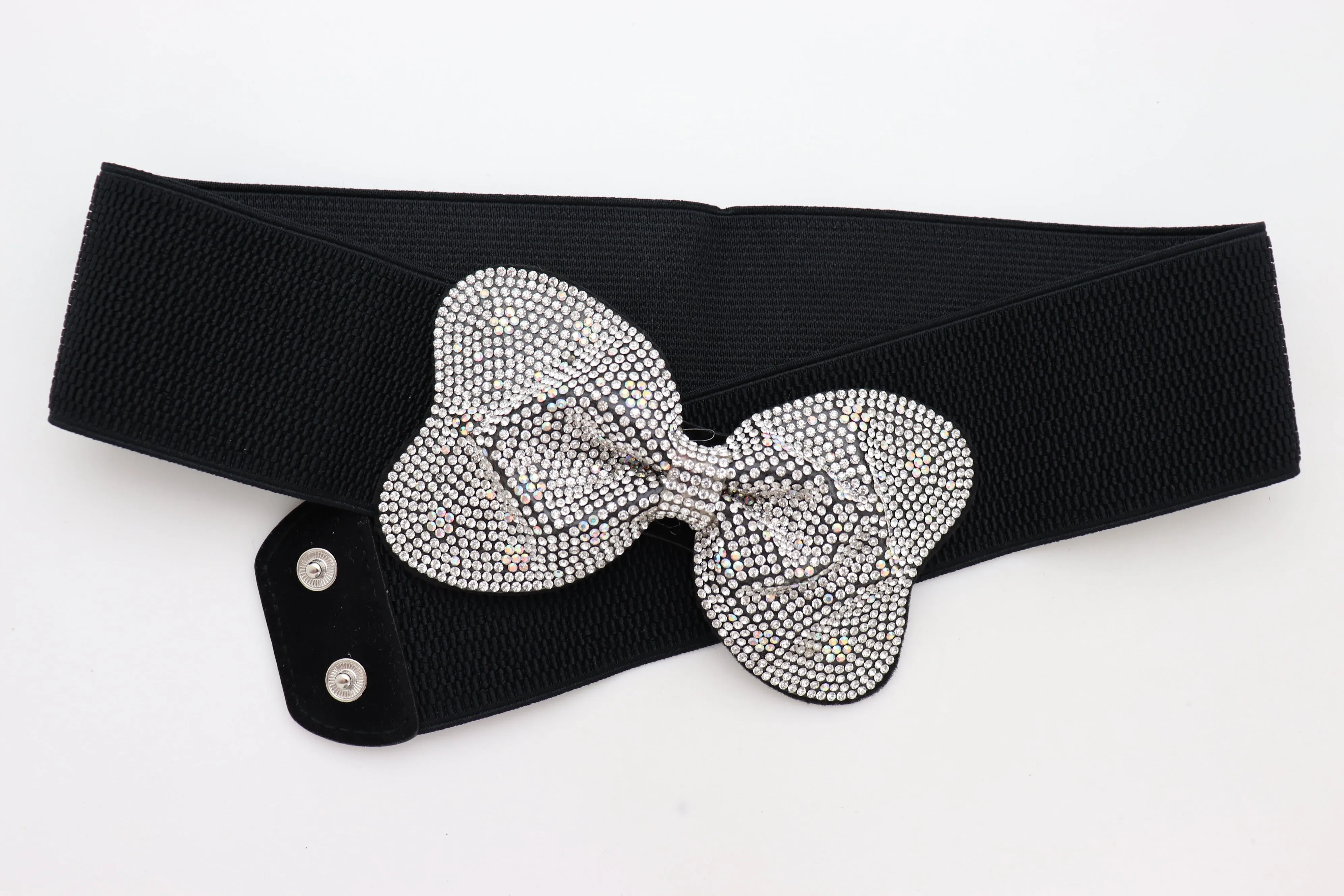 Evening Fashion Belt Black Elastic Waistband Bow Tie Bling Buckle S M L