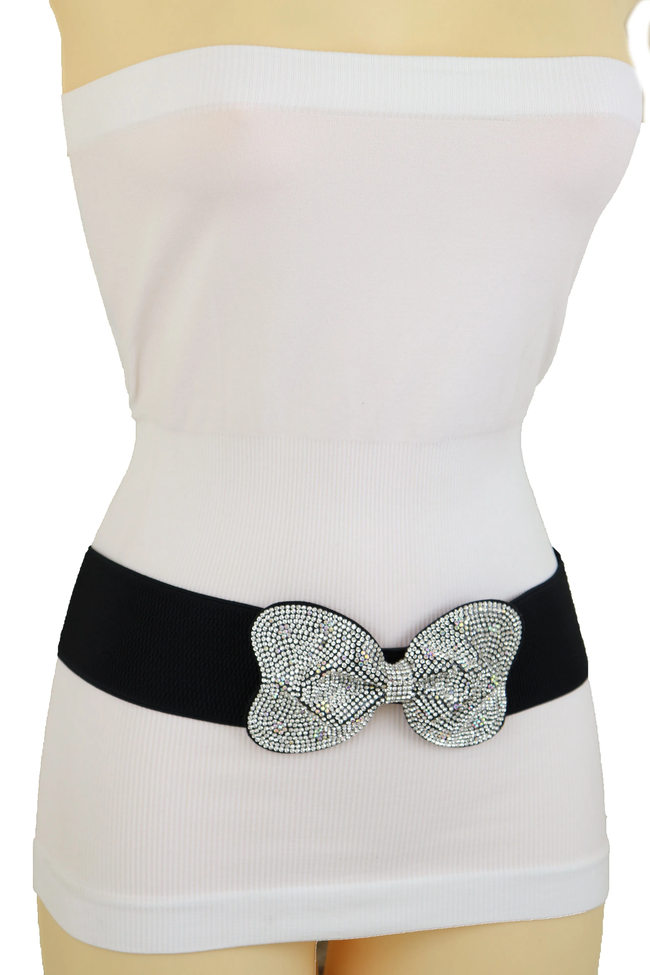 Evening Fashion Belt Black Elastic Waistband Bow Tie Bling Buckle S M L