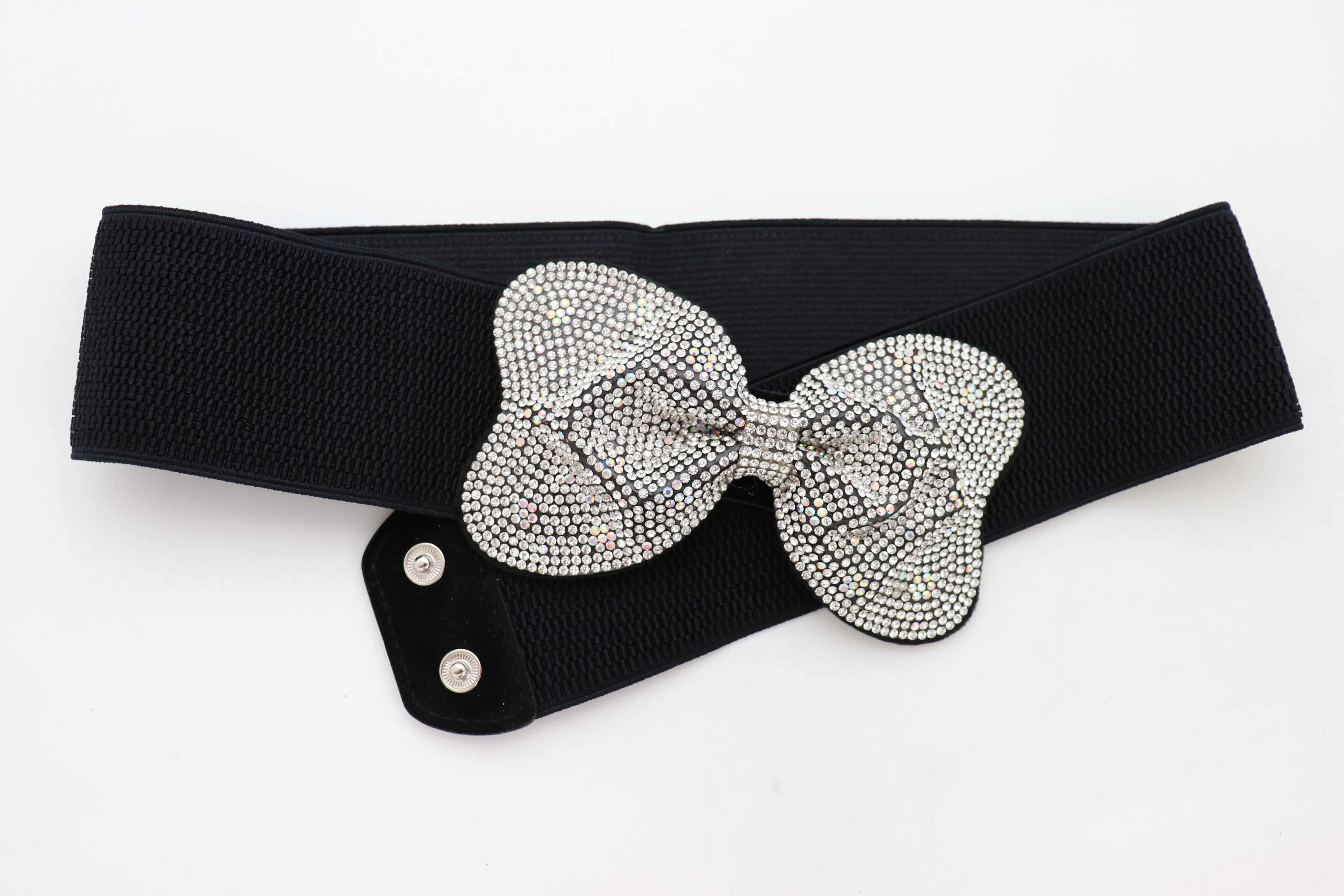 Evening Fashion Belt Black Elastic Waistband Bow Tie Bling Buckle S M L