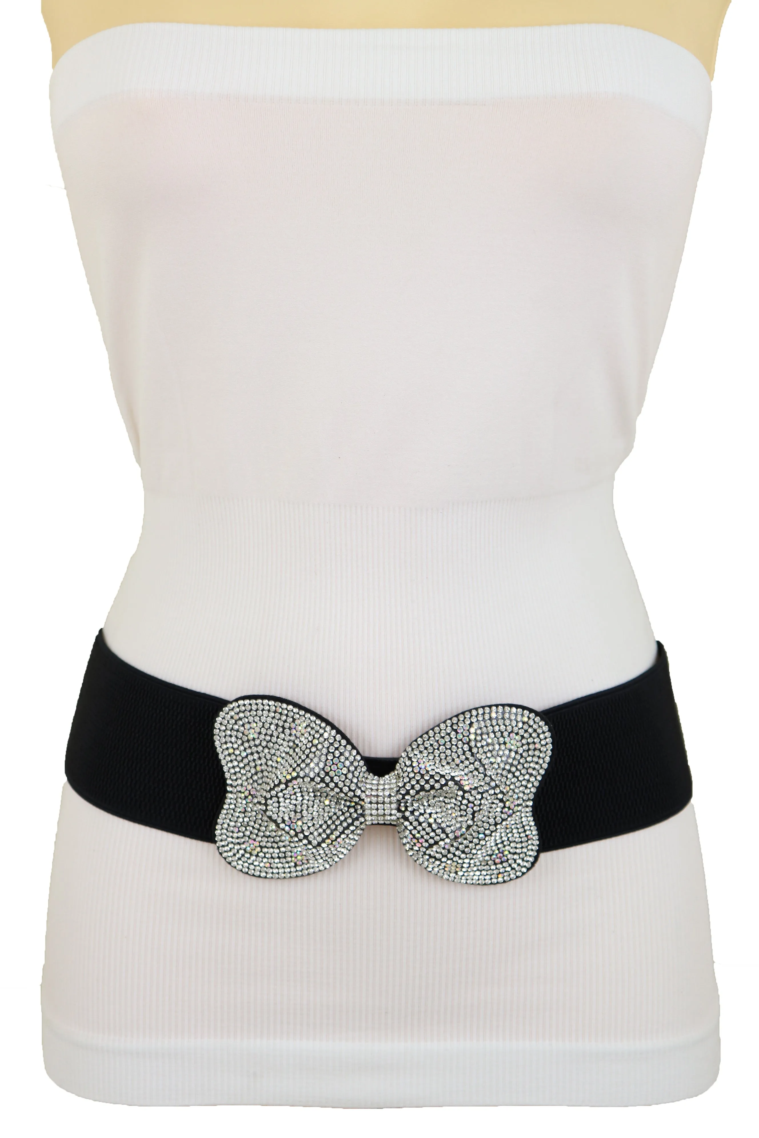 Evening Fashion Belt Black Elastic Waistband Bow Tie Bling Buckle S M L