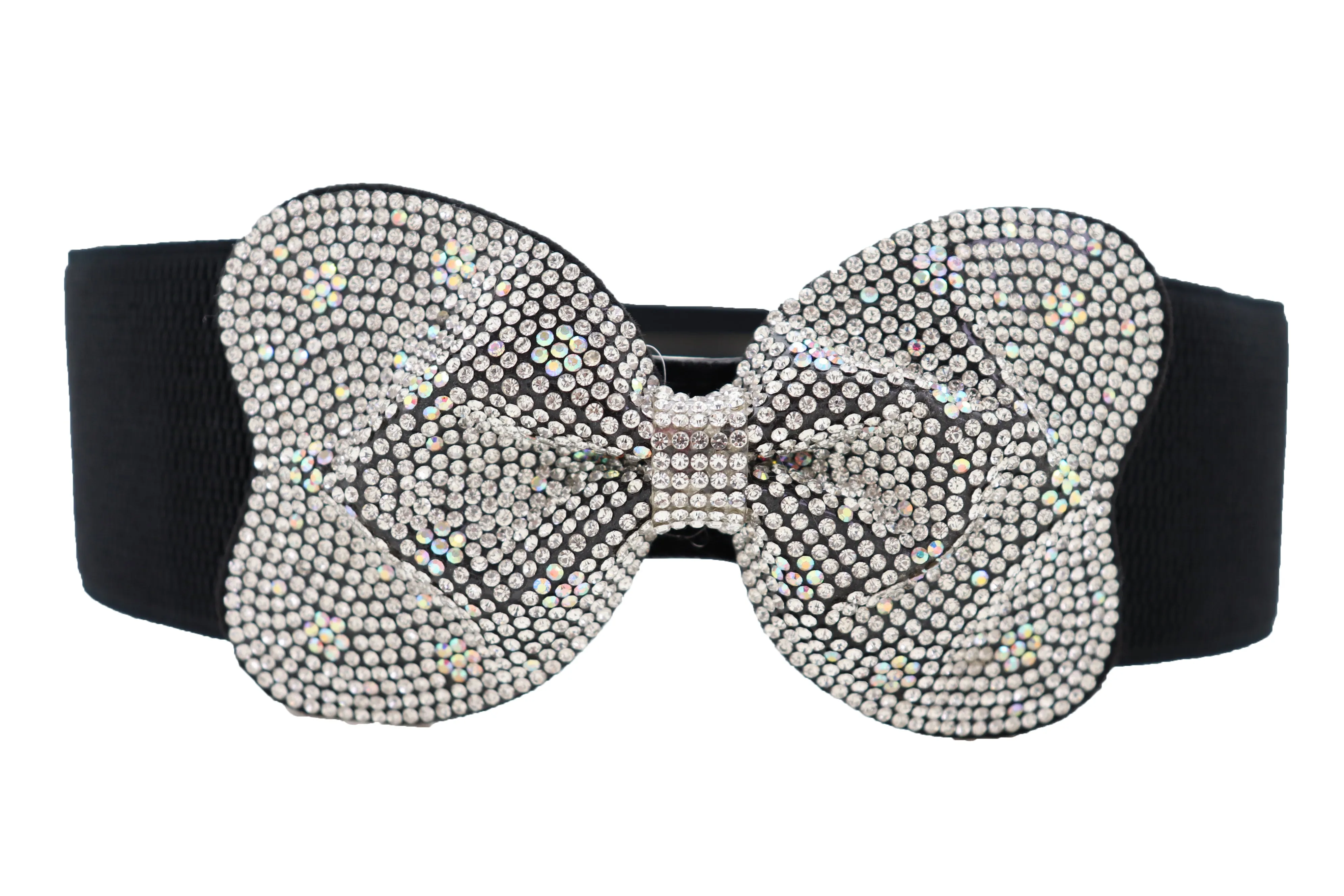 Evening Fashion Belt Black Elastic Waistband Bow Tie Bling Buckle S M L