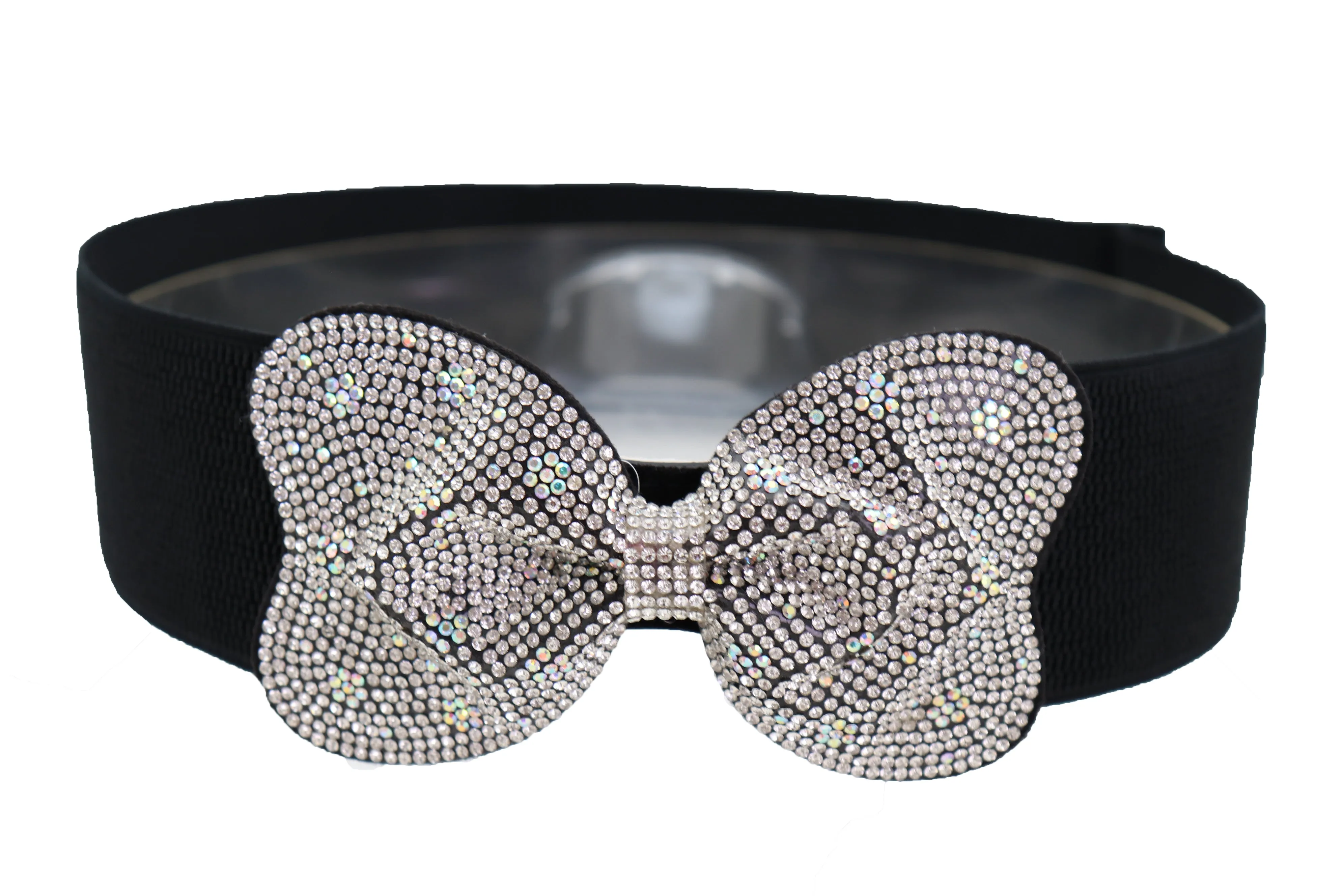 Evening Fashion Belt Black Elastic Waistband Bow Tie Bling Buckle S M L