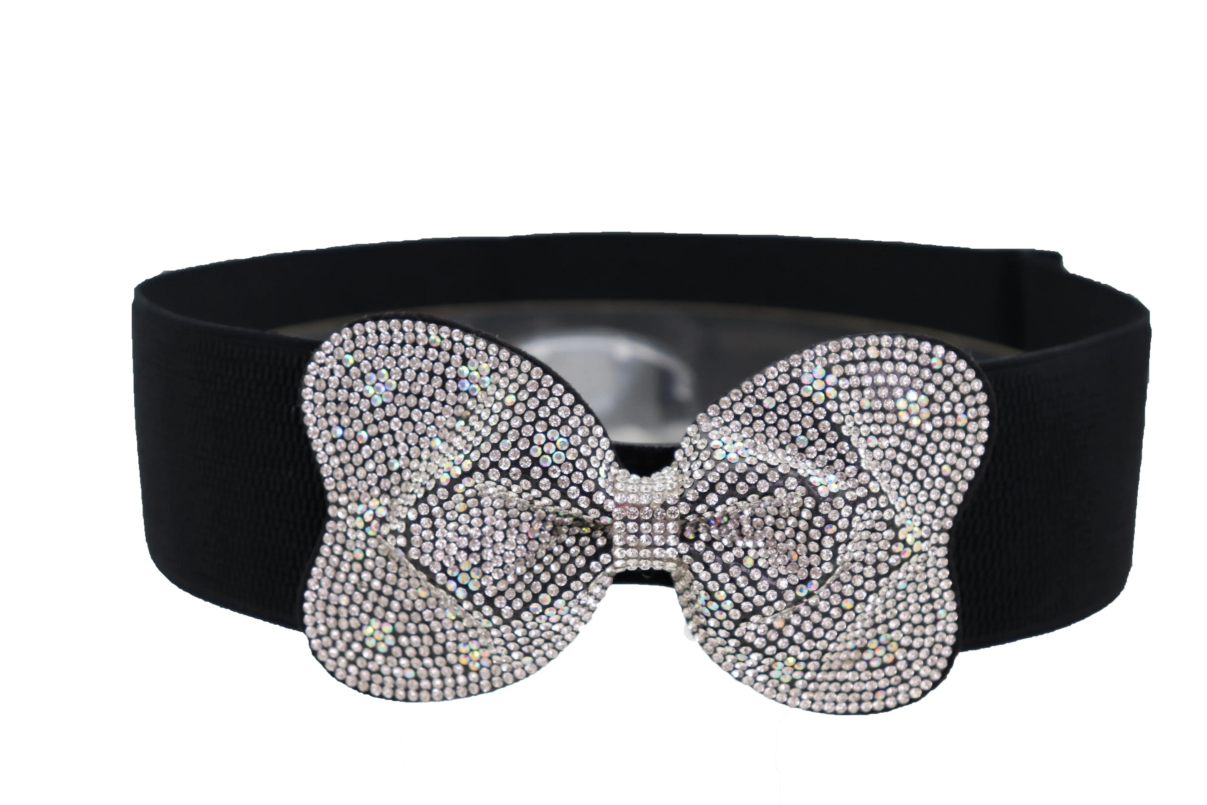 Evening Fashion Belt Black Elastic Waistband Bow Tie Bling Buckle S M L