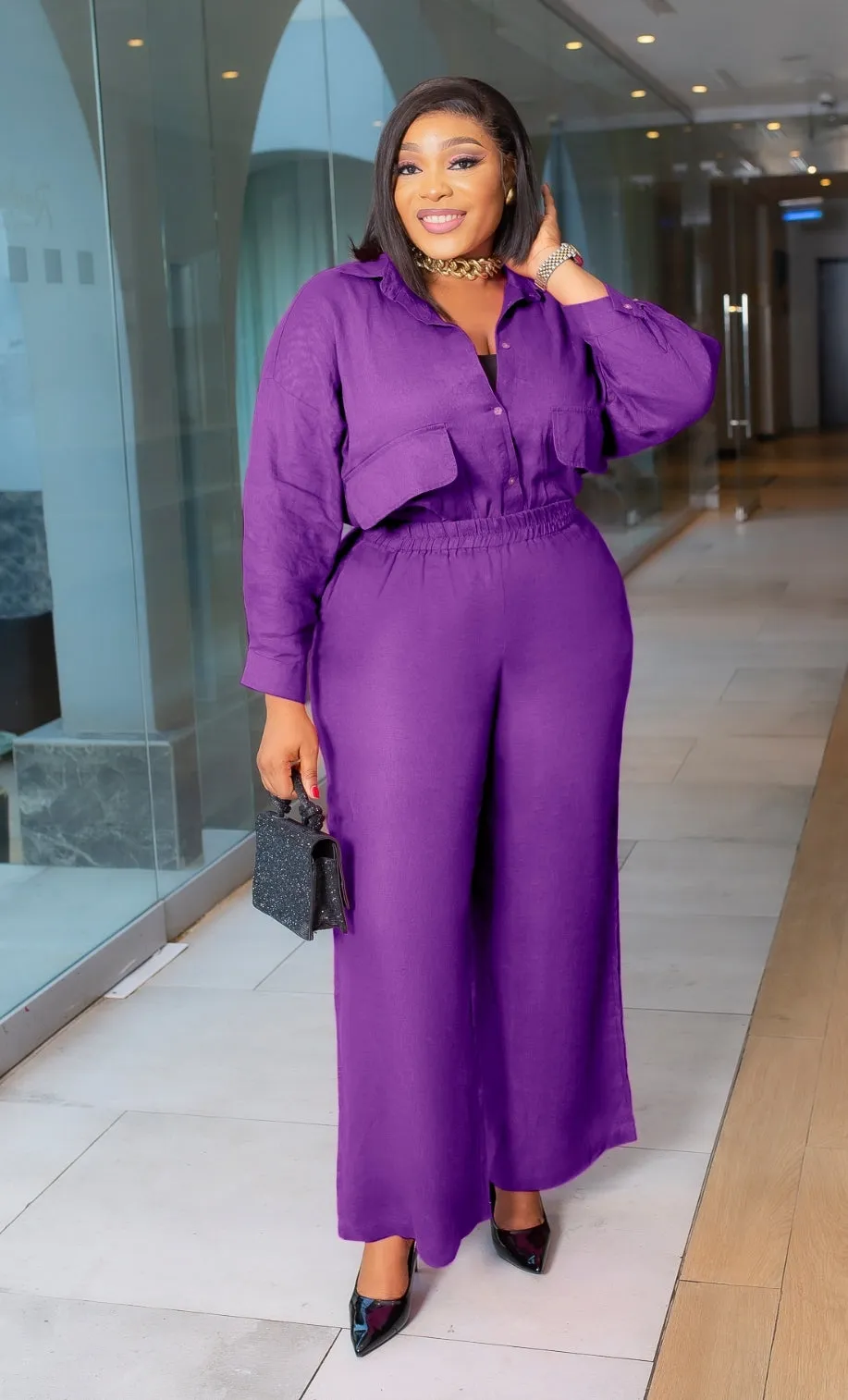 Fancy Lady- 2pcs Collar Blouse and Pants Set (New! 3 colors!)