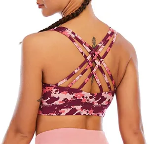 Fancyskin Strappy Sports Bras for Women Cross Back Sexy Padded Yoga Bra Tops Cute Activewear Pink Slash XS