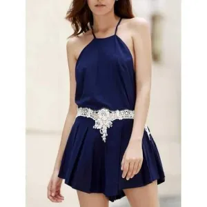 Fashion Sleeveless Combined Lace Pleated Women's Romper - Cadetblue S
