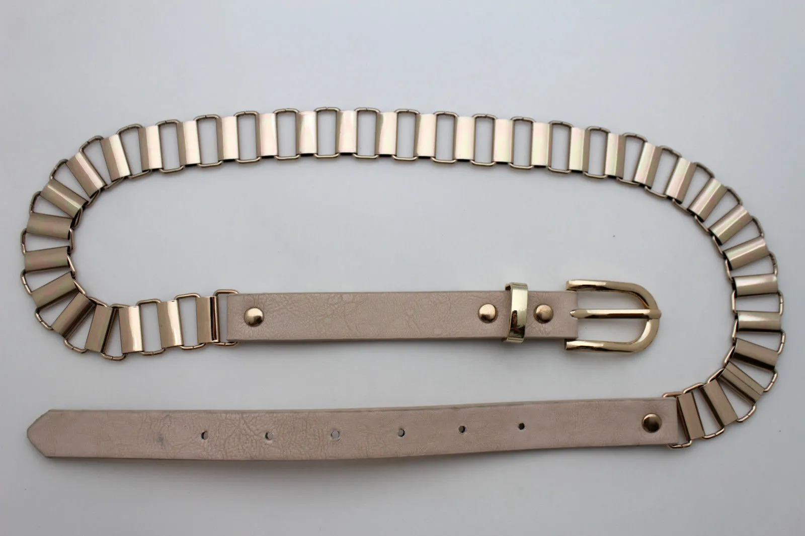 Faux Leather & Gold Metal Chain Links Skinny Belt S M