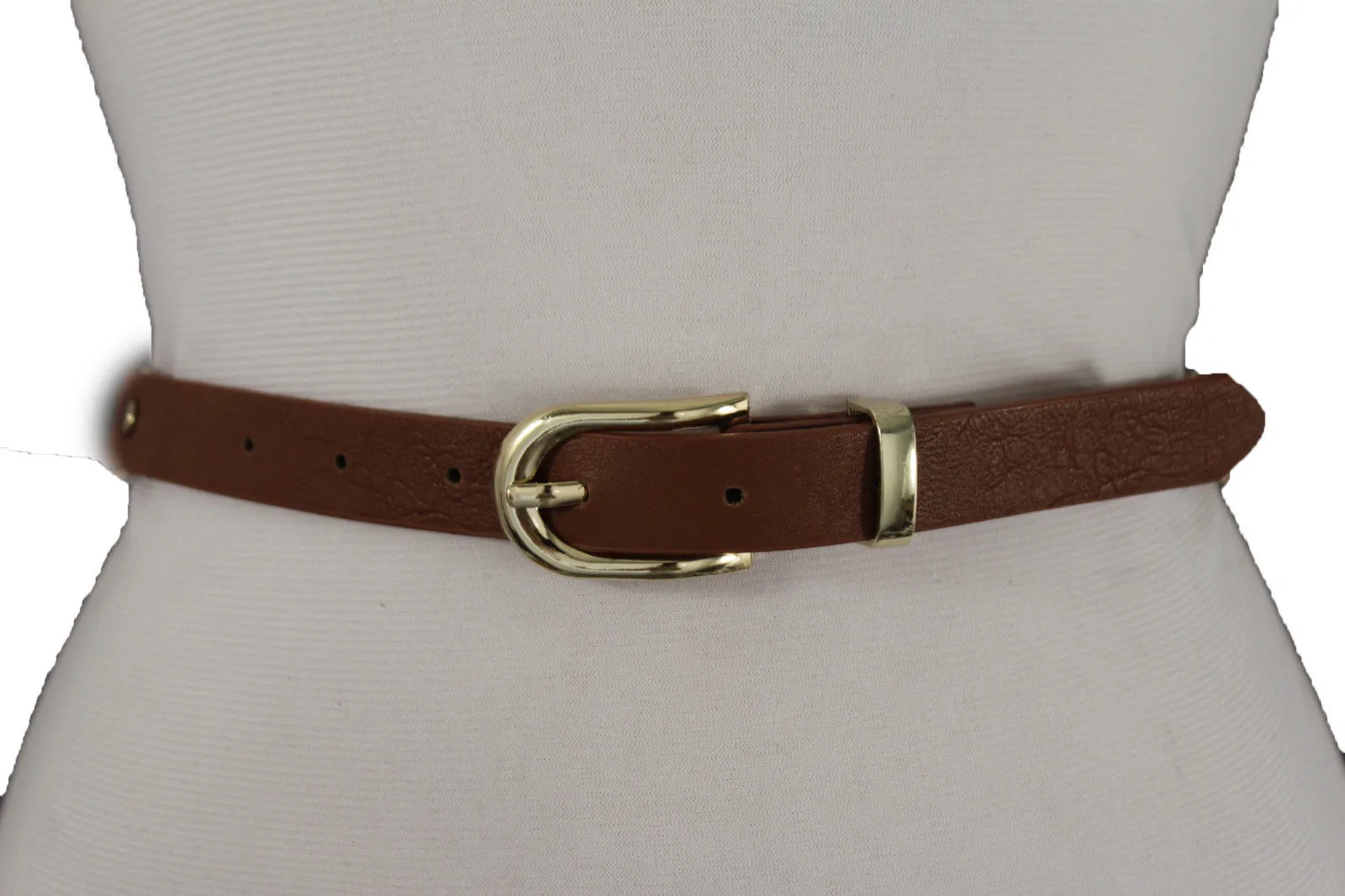 Faux Leather & Gold Metal Chain Links Skinny Belt S M