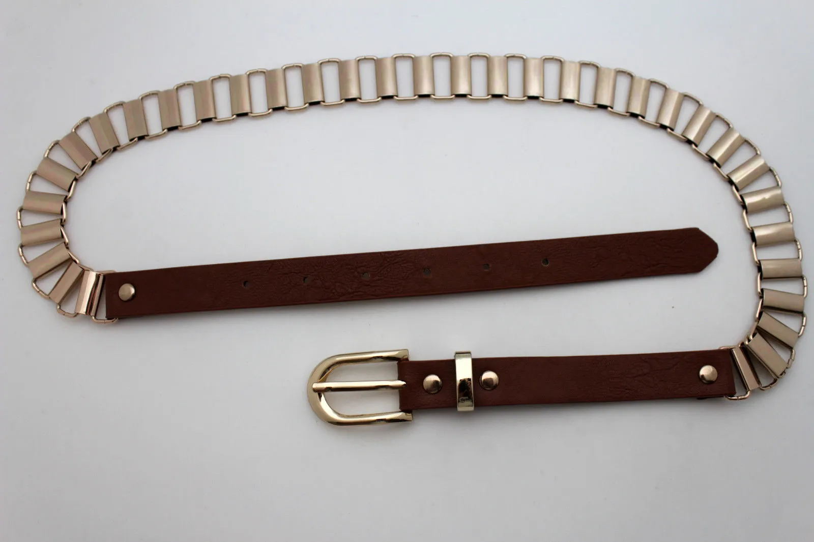 Faux Leather & Gold Metal Chain Links Skinny Belt S M