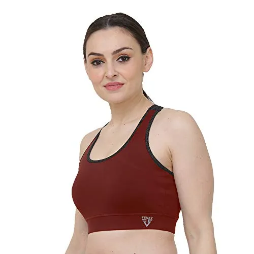 Fenzy Styles Four Way Stretch Lycra Spandex Non Padded Wire Free Sports Bra for Women (Wine Red - Large)