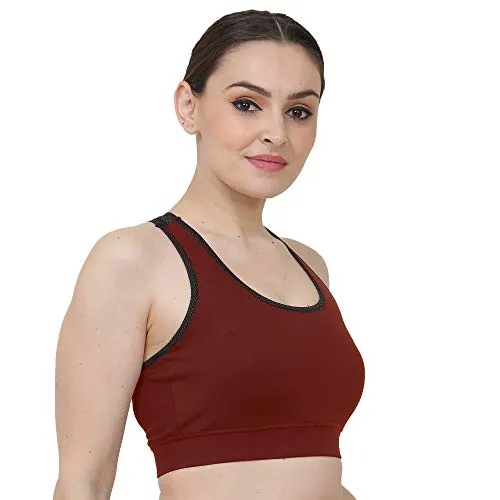 Fenzy Styles Four Way Stretch Lycra Spandex Non Padded Wire Free Sports Bra for Women (Wine Red - Large)