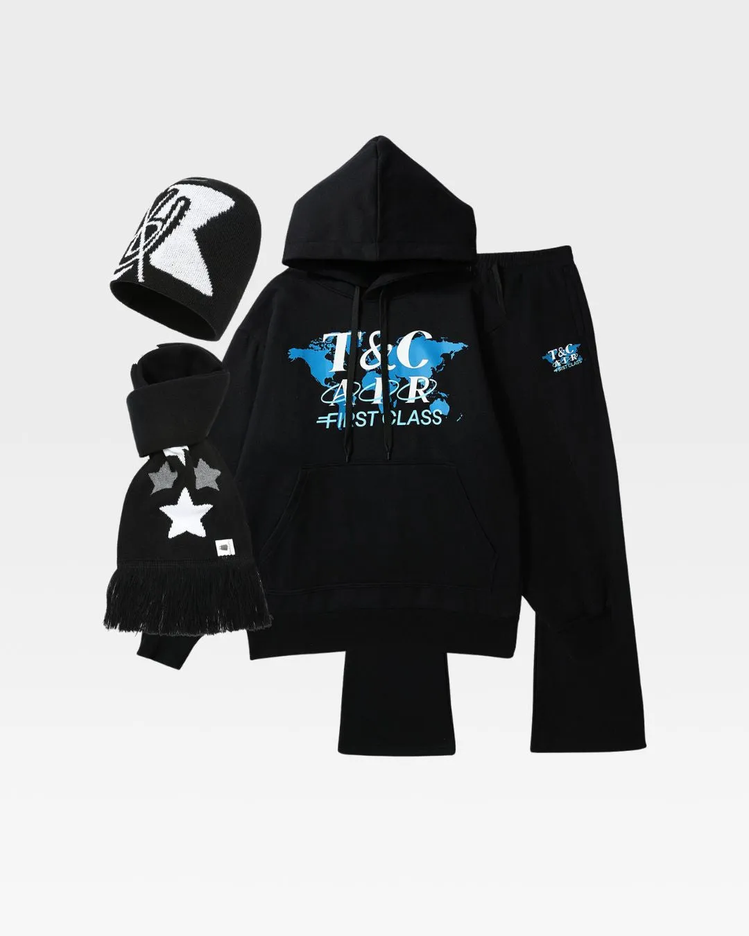 First Class Tracksuit & Beanie Scarf Set in Black