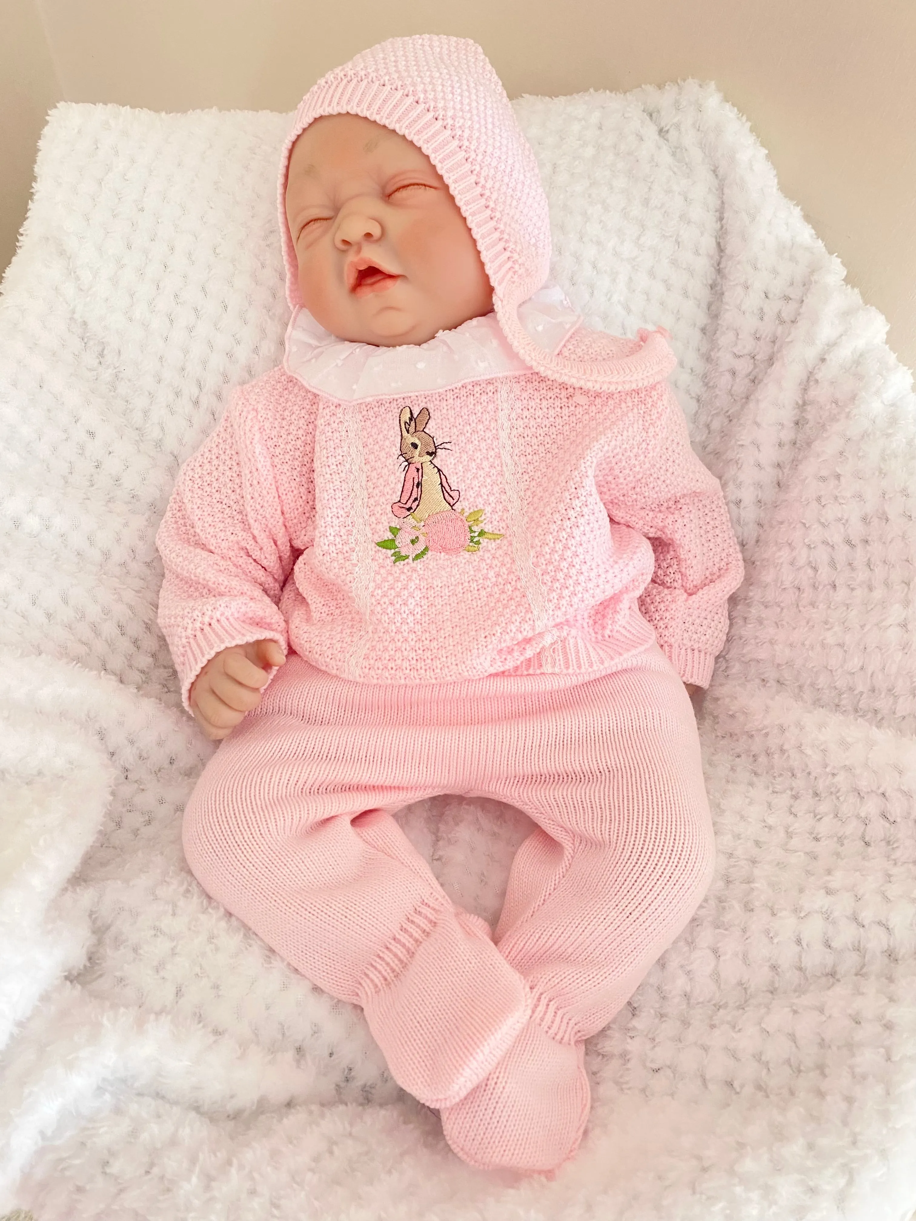 Flopsy Bunny knitted spanish style  Pink Set with bonnet
