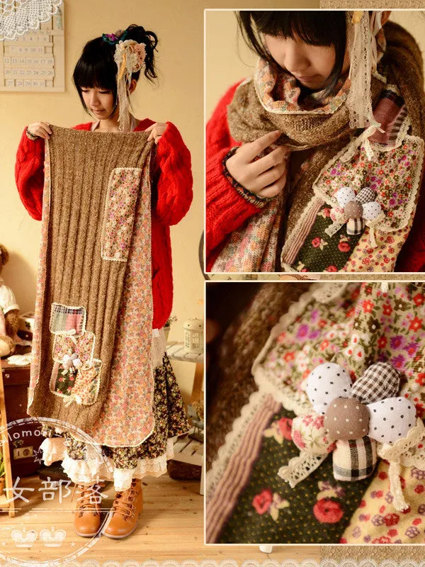 floral art patch knitted long scarf
