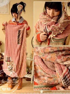 floral art patch knitted long scarf