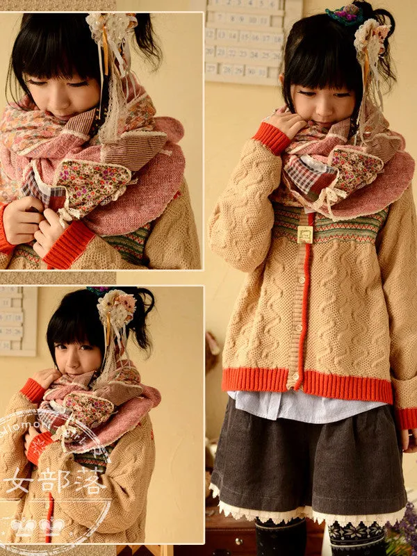 floral art patch knitted long scarf