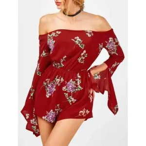 Floral Off The Shoulder Long Sleeve Flowy Romper - Red M