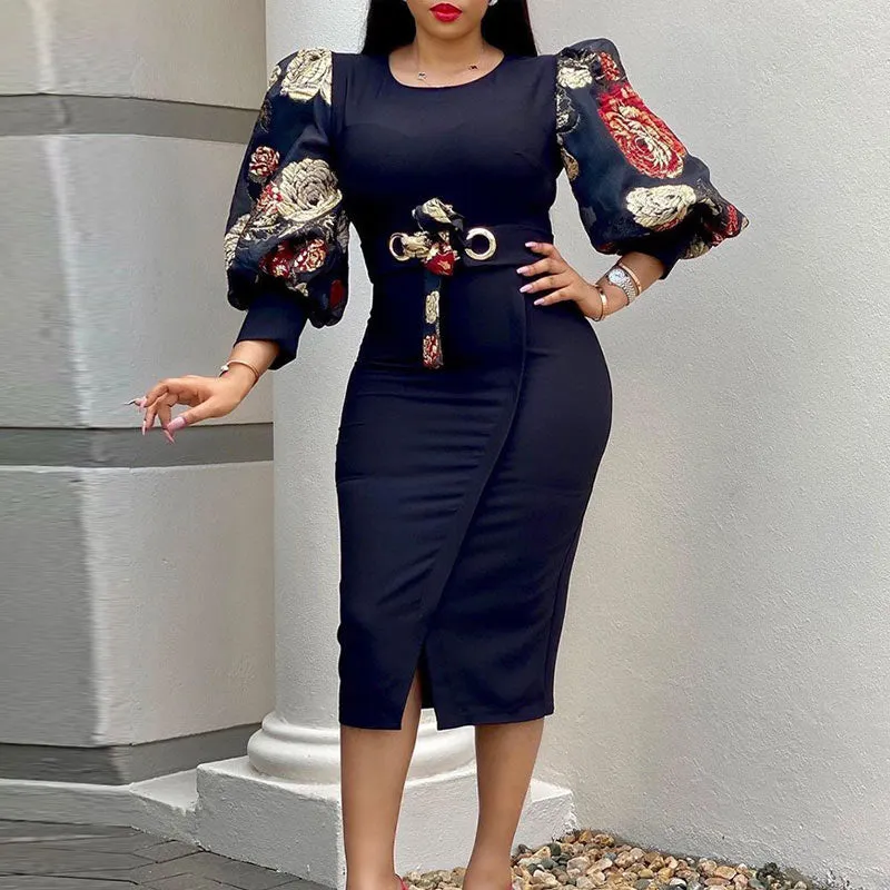 Floral Print Eyelet Long Puff Sleeve Dress With Belt