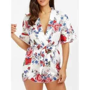 Floral Print Surplice Belted Romper - Floral S
