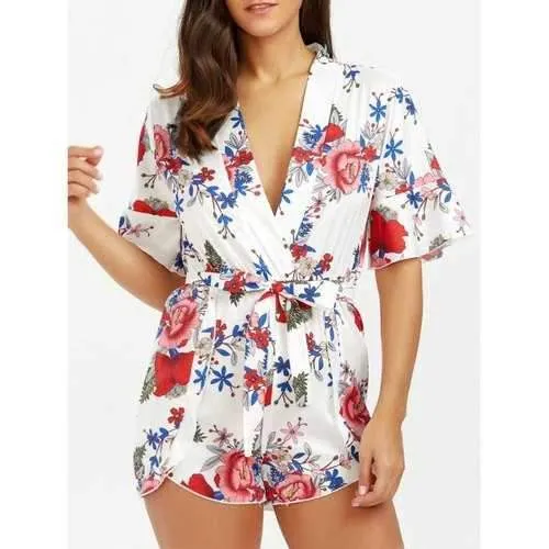 Floral Print Surplice Belted Romper - Floral S