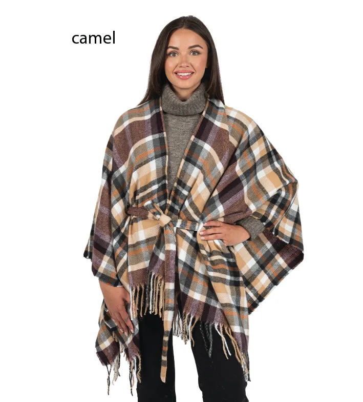 FSOR1630 - Camel Plaid Ruana With Belt