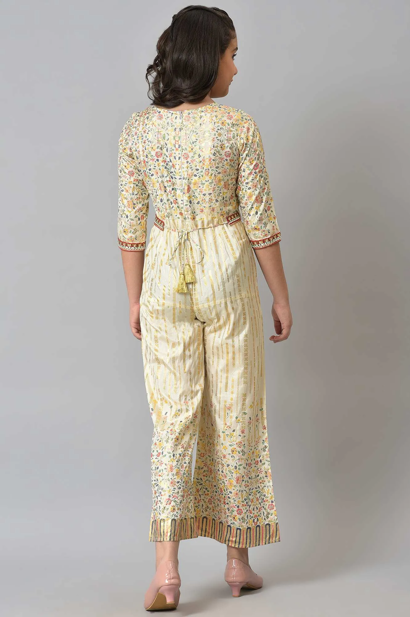 Girls Beige Embroidered And Floral Printes Jumpsuit