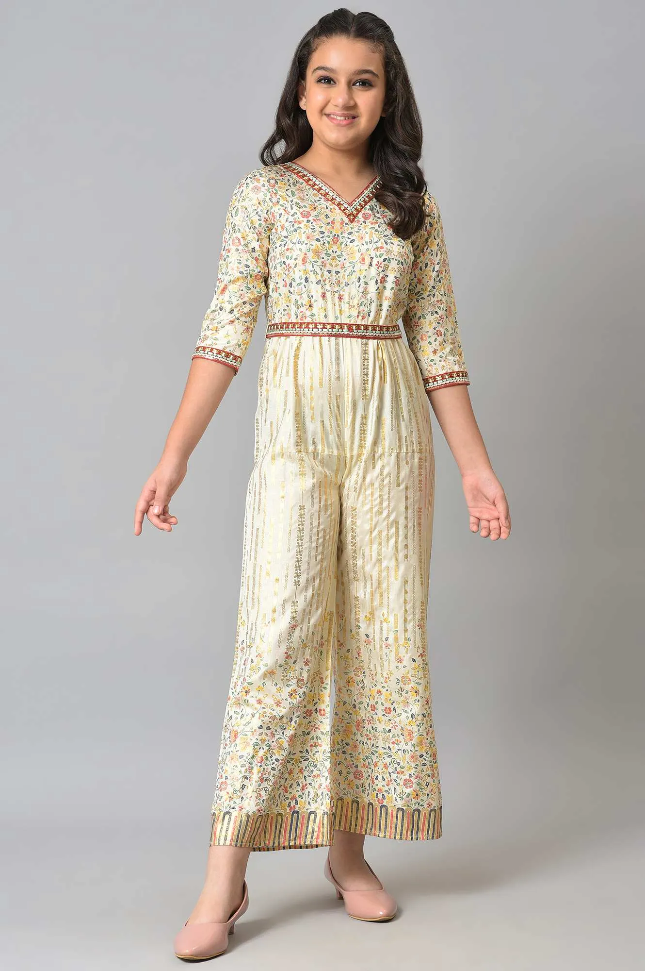 Girls Beige Embroidered And Floral Printes Jumpsuit