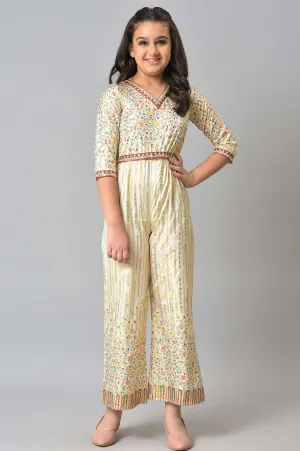 Girls Beige Embroidered And Floral Printes Jumpsuit