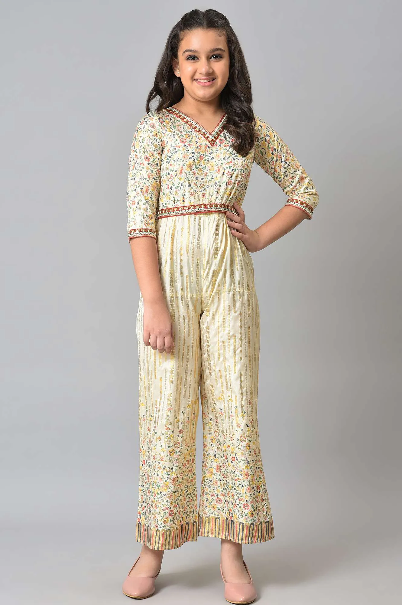 Girls Beige Embroidered And Floral Printes Jumpsuit