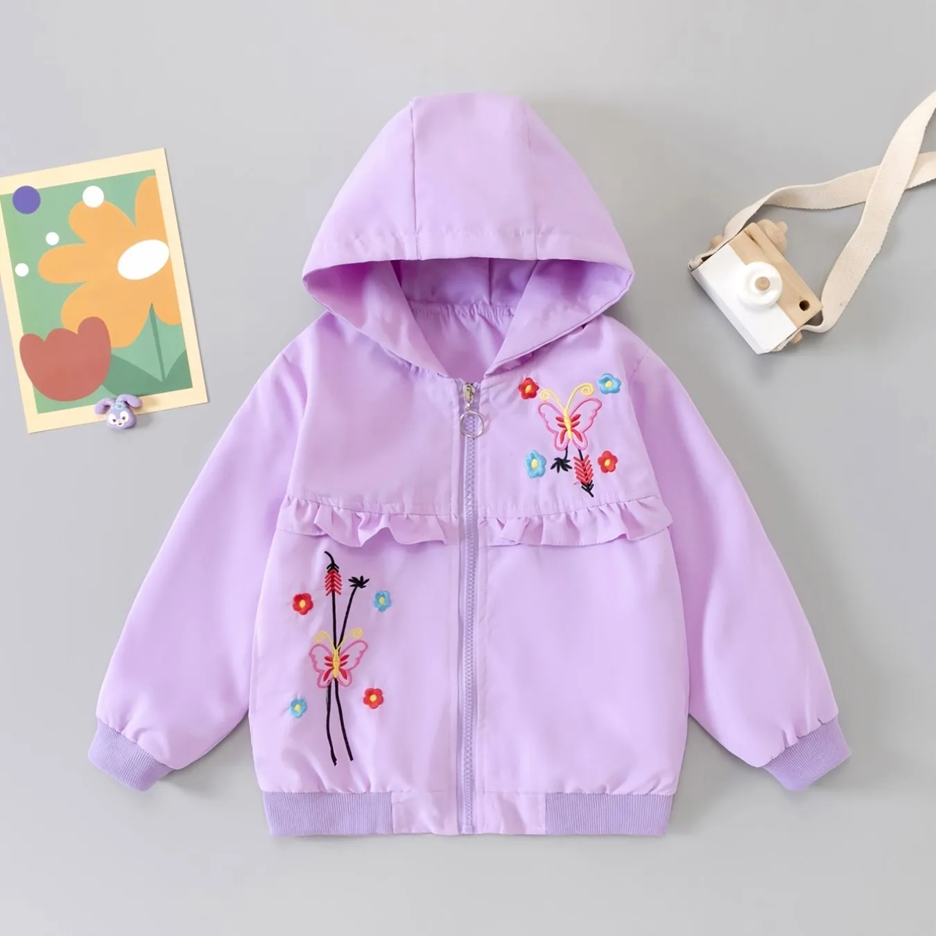 Girls Butterfly Embroidered Hooded Jacket