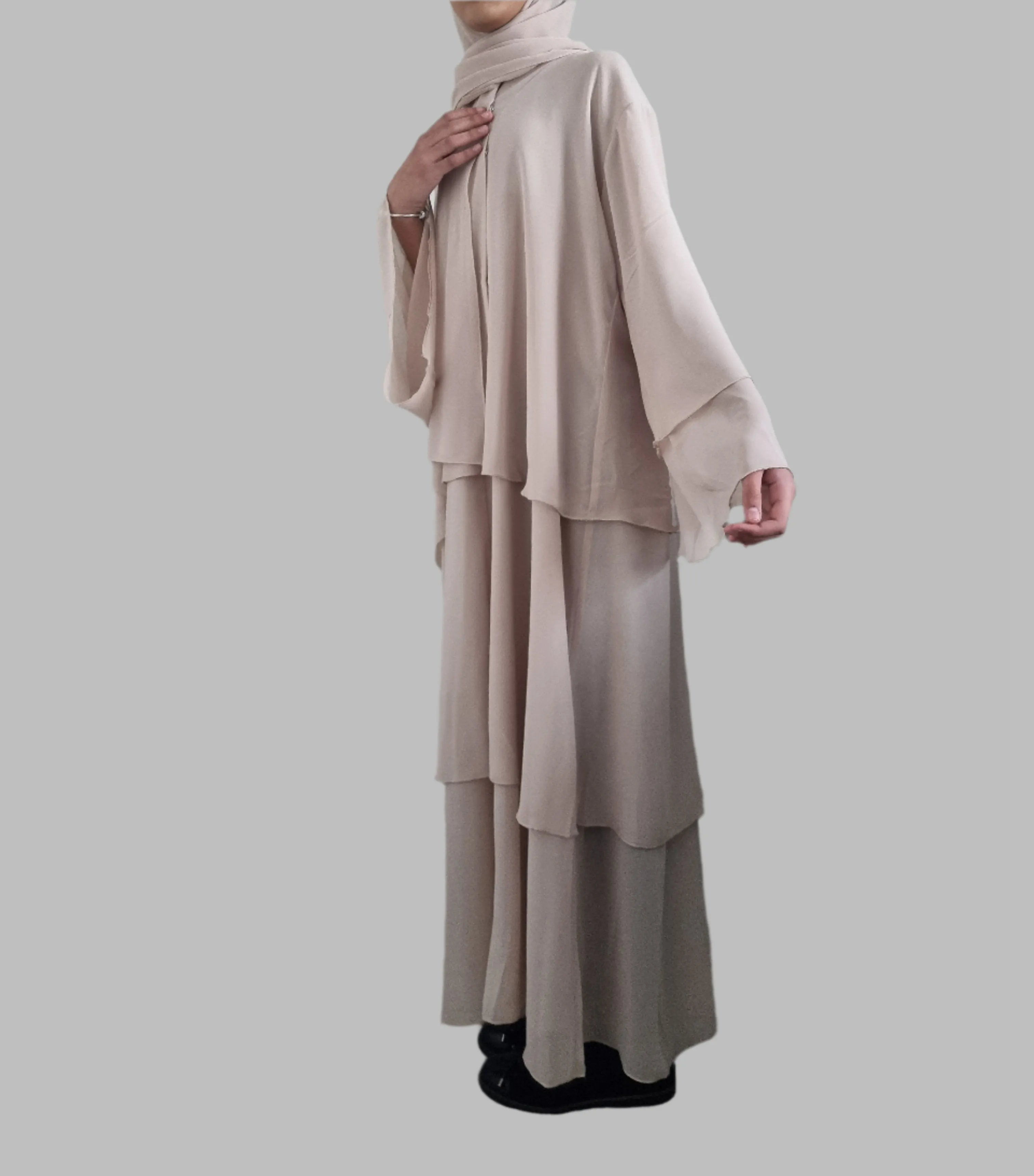 Girls Chiffon Layered Abaya - Beige