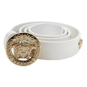Girls Leather Belt with Gold Medusa Studs-White