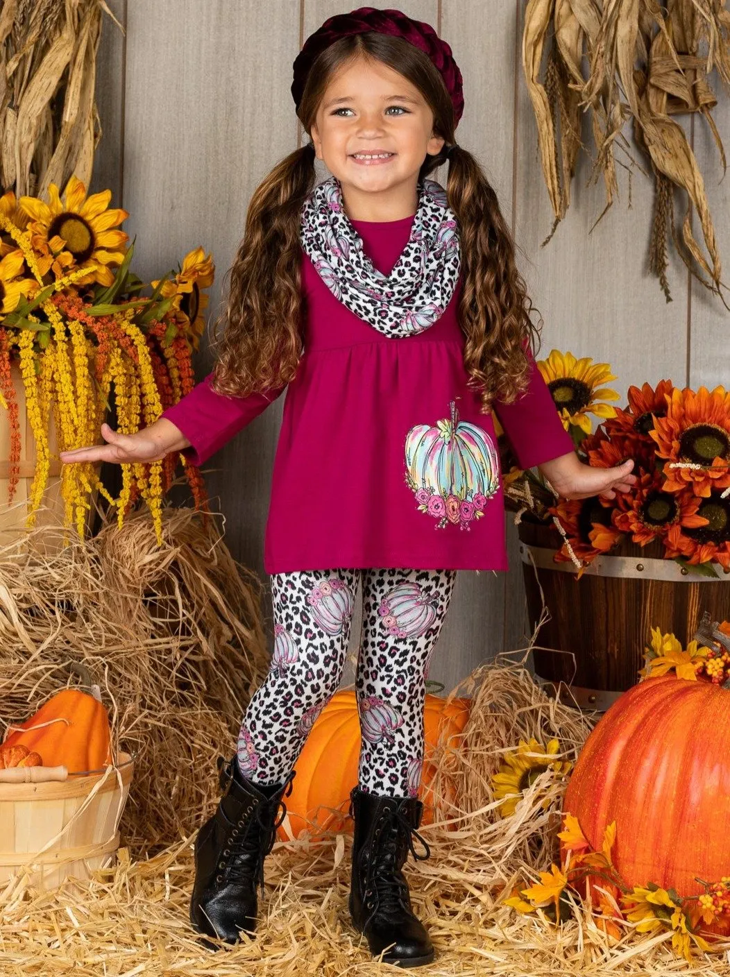 Girls Pumpkin Floral Print Long Sleeve Top, Animal Print Leggings & Scarf Set