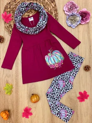 Girls Pumpkin Floral Print Long Sleeve Top, Animal Print Leggings & Scarf Set