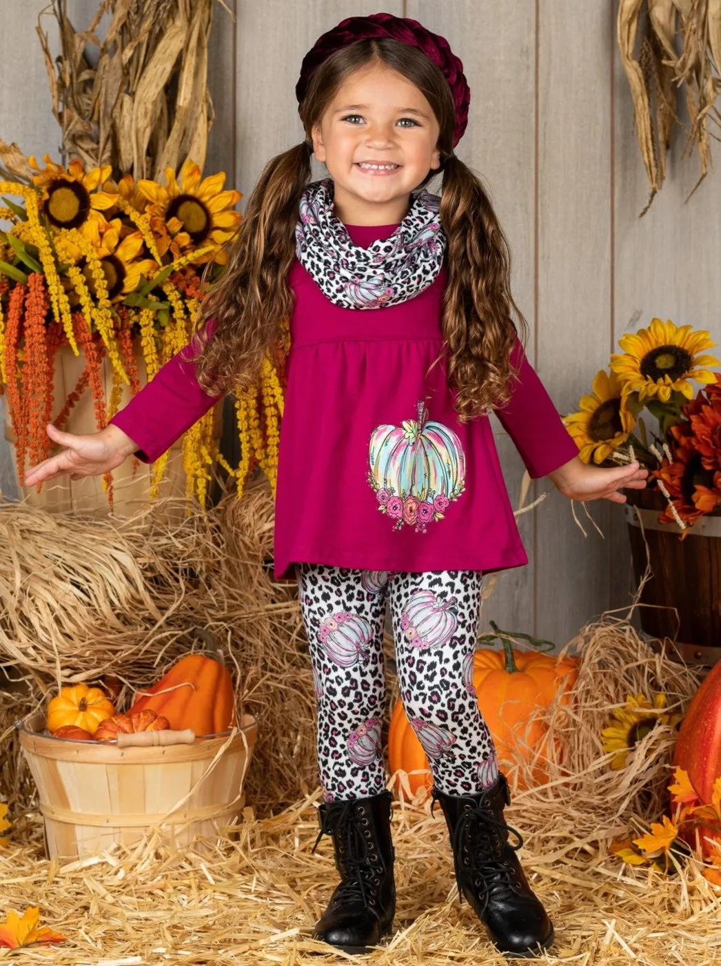 Girls Pumpkin Floral Print Long Sleeve Top, Animal Print Leggings & Scarf Set
