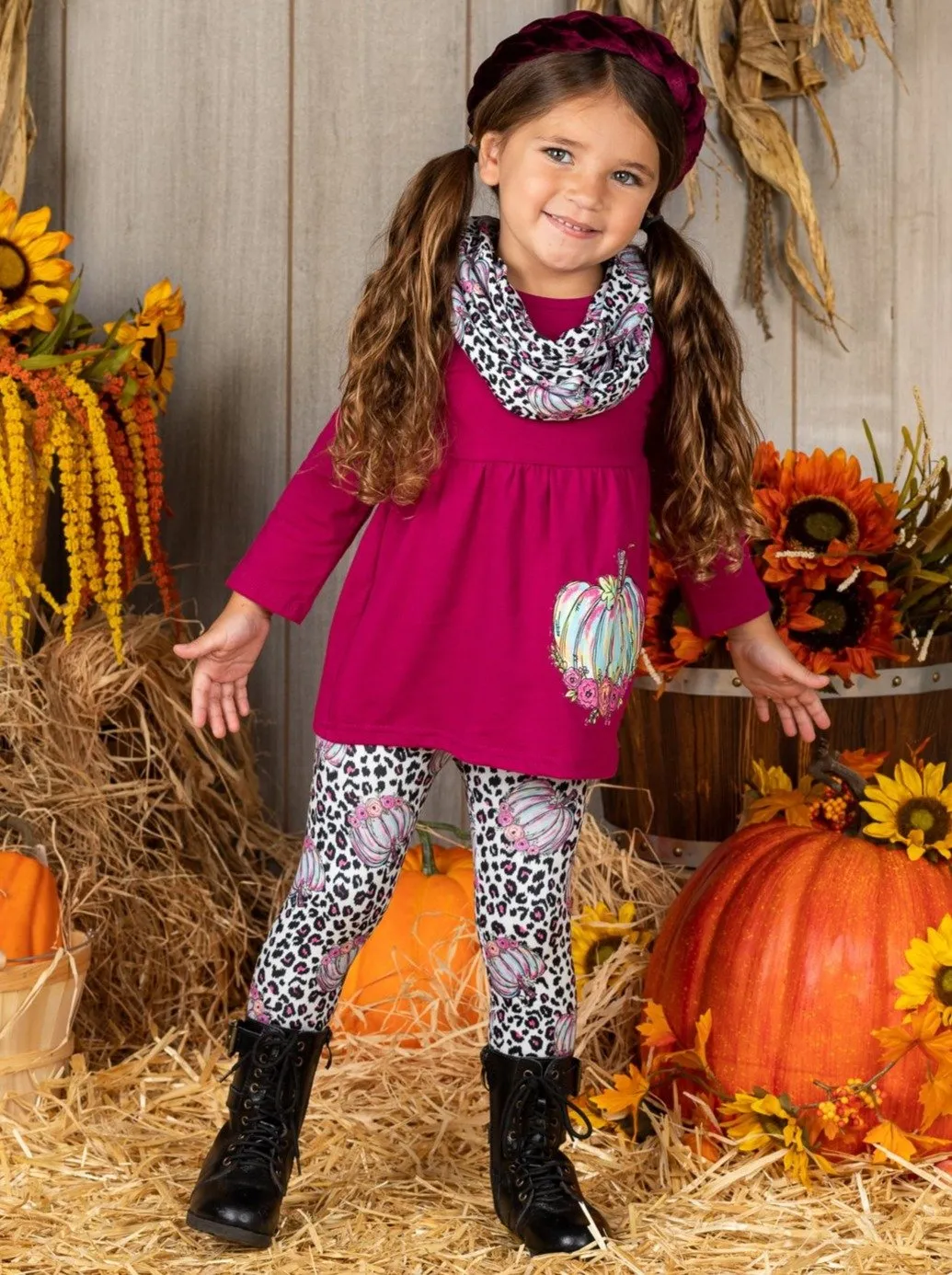 Girls Pumpkin Floral Print Long Sleeve Top, Animal Print Leggings & Scarf Set