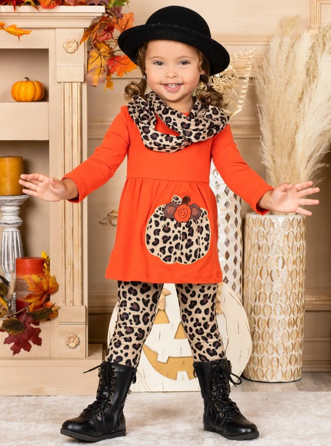 Girls Pumpkin Long Sleeve Tunic, Animal Print Leggings and Scarf Set
