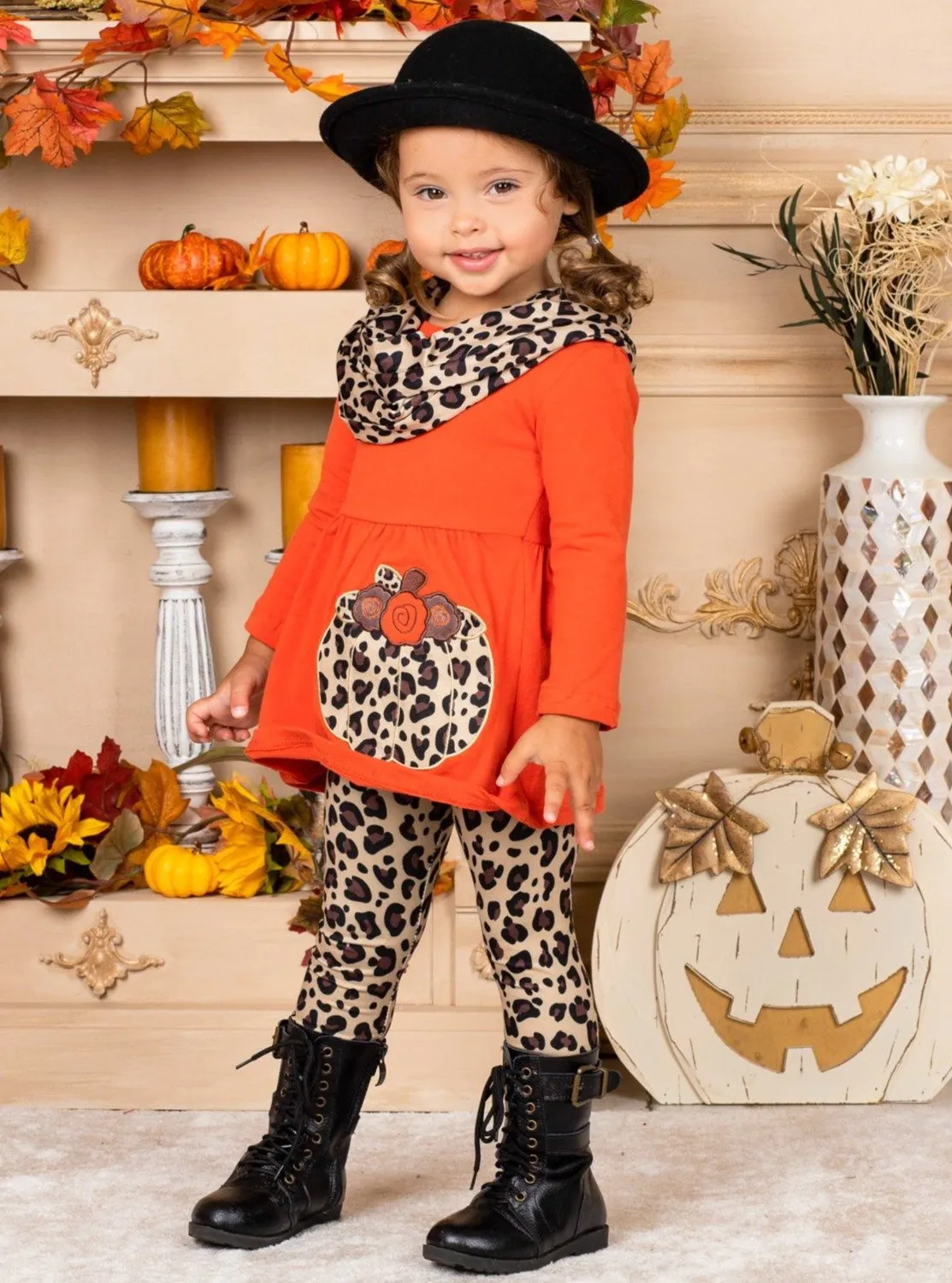 Girls Pumpkin Long Sleeve Tunic, Animal Print Leggings and Scarf Set
