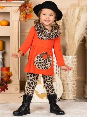 Girls Pumpkin Long Sleeve Tunic, Animal Print Leggings and Scarf Set
