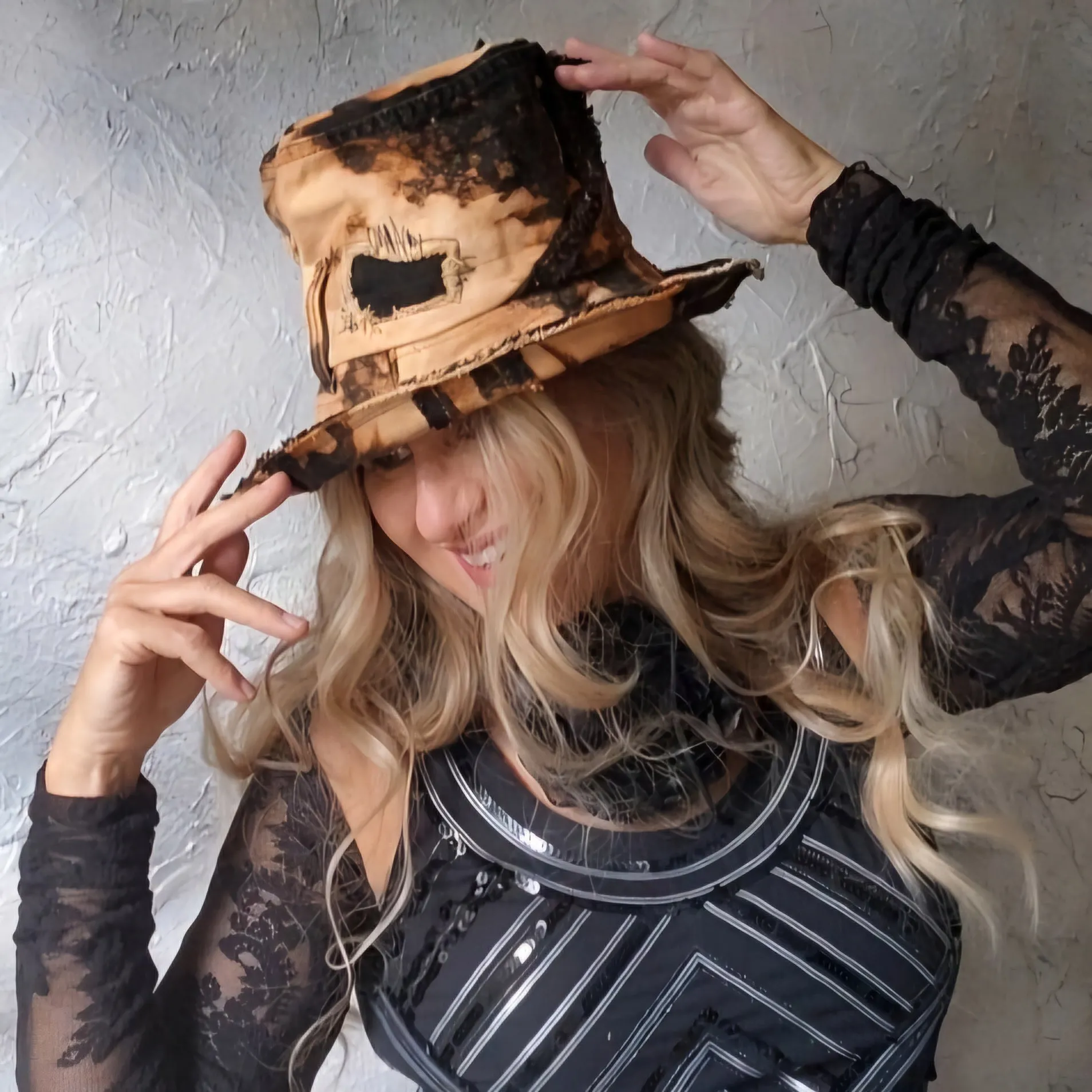 GIVE ME YOUR CANDY / Bohemian Shabby Chic Top Hat Upcycled Denim Distressed Boro Dyed Acid-washed