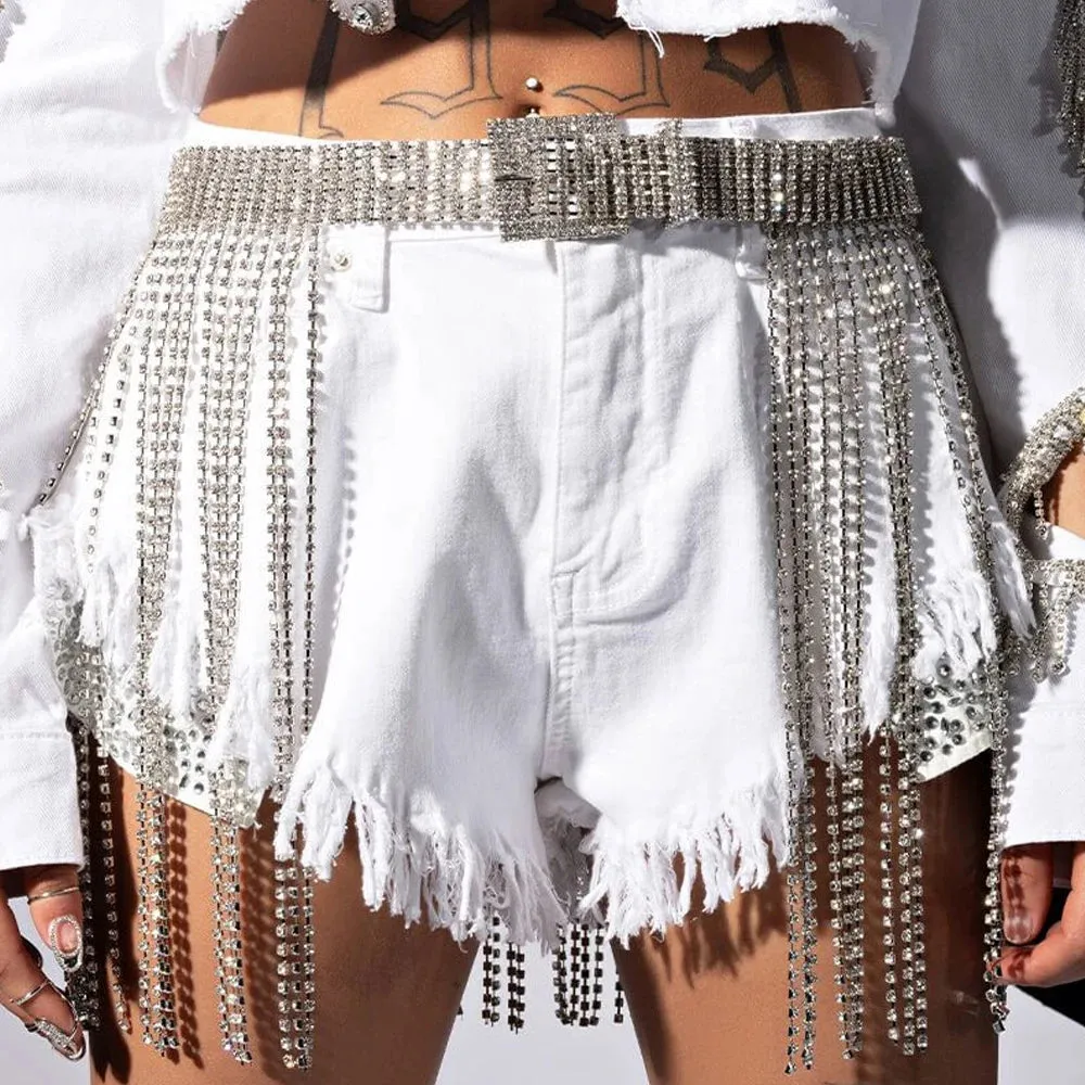 Glitter Crystal Tassel Mini Skirt Rhinestone Chain Belt