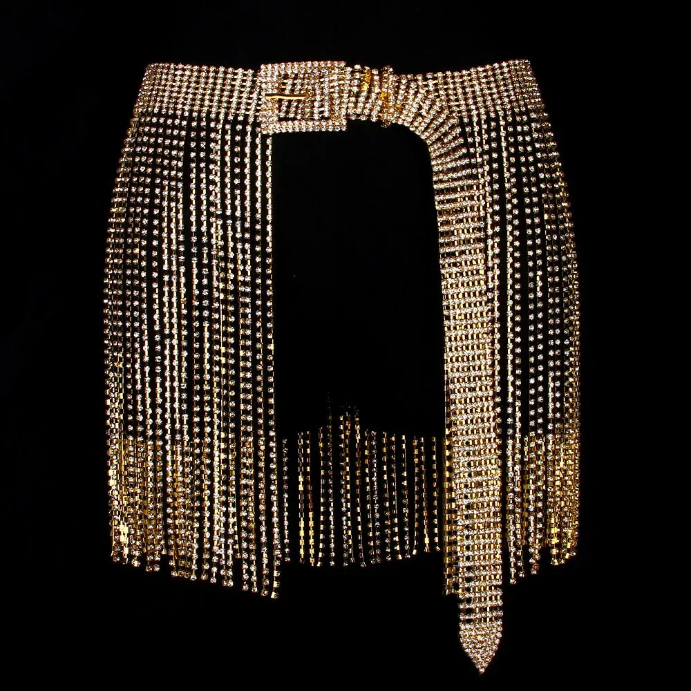 Glitter Crystal Tassel Mini Skirt Rhinestone Chain Belt