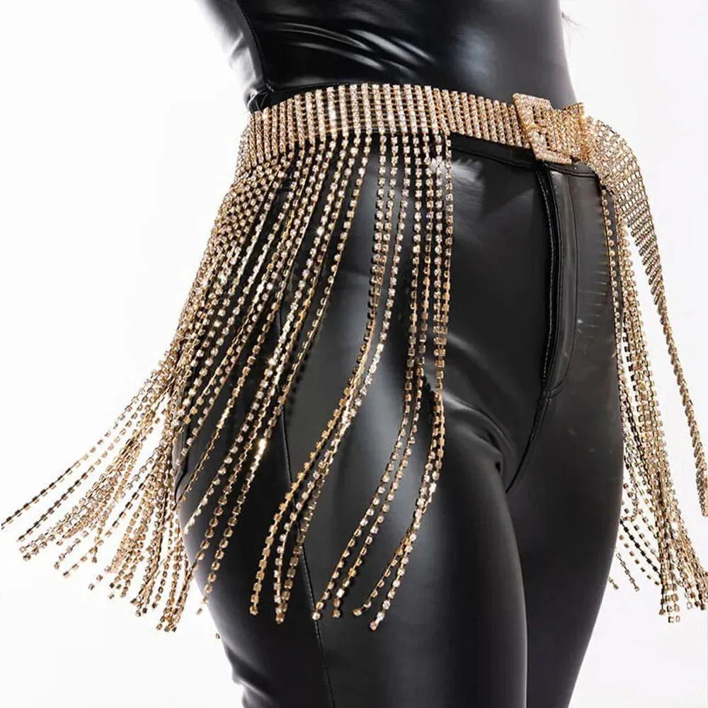 Glitter Crystal Tassel Mini Skirt Rhinestone Chain Belt