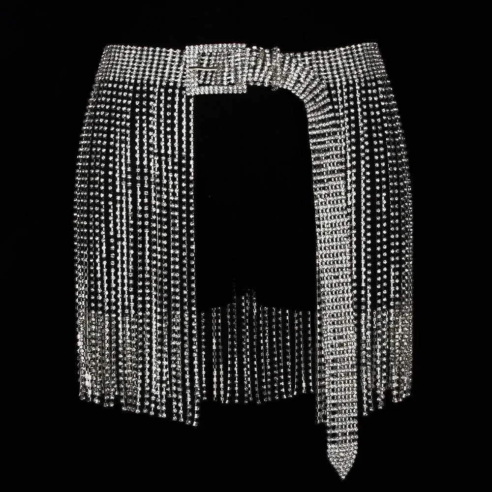 Glitter Crystal Tassel Mini Skirt Rhinestone Chain Belt