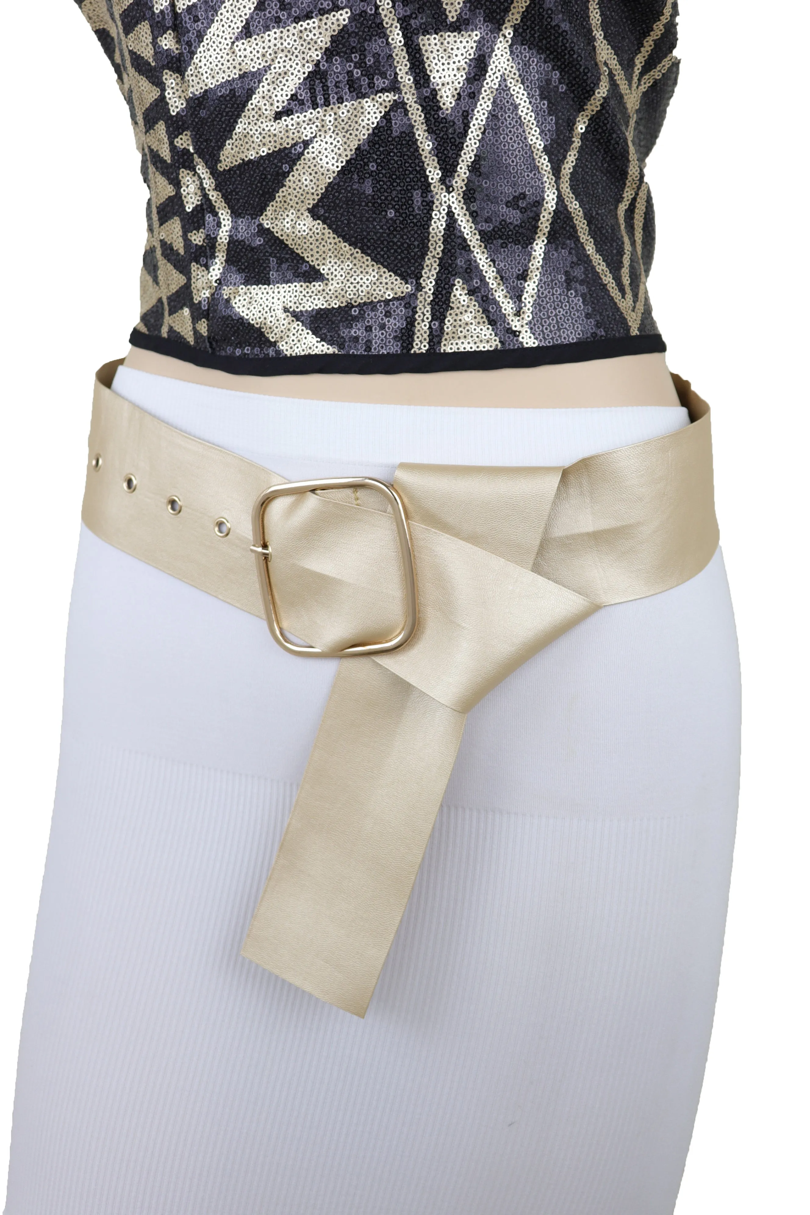 Gold Extra Long Fabric Wide Waistband Fashion Belt Adjustable Size XS S