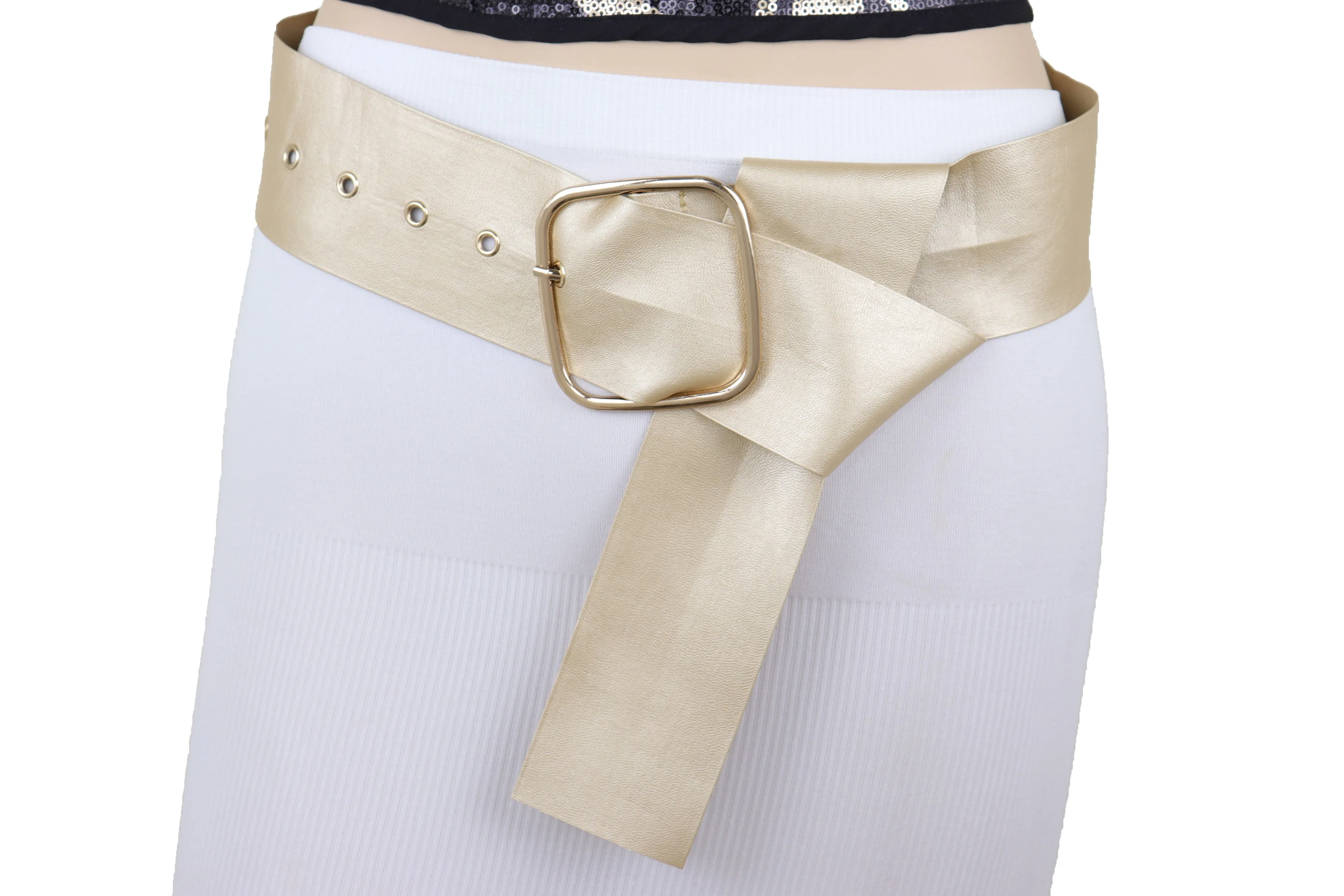 Gold Extra Long Fabric Wide Waistband Fashion Belt Adjustable Size XS S