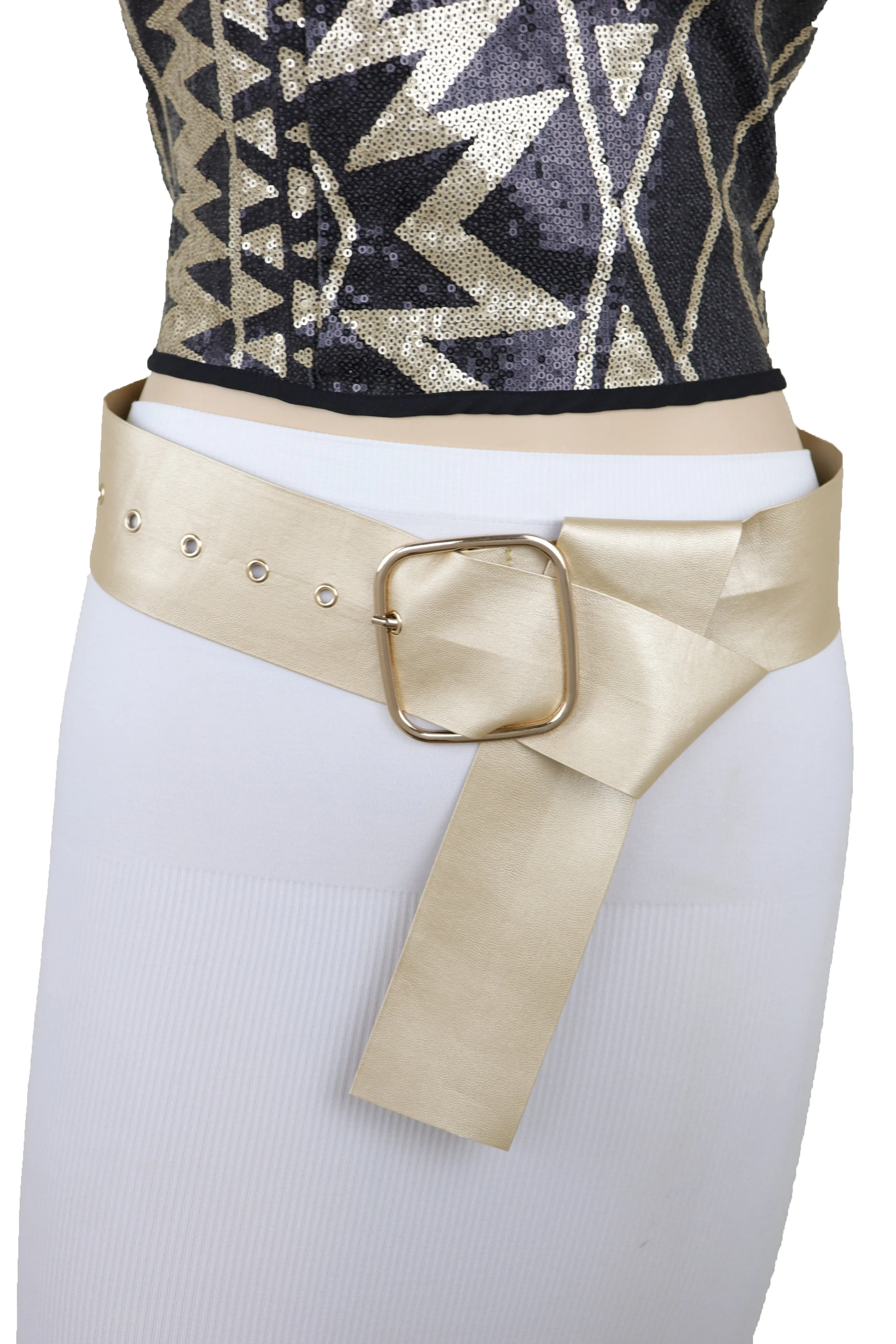 Gold Extra Long Fabric Wide Waistband Fashion Belt Adjustable Size XS S
