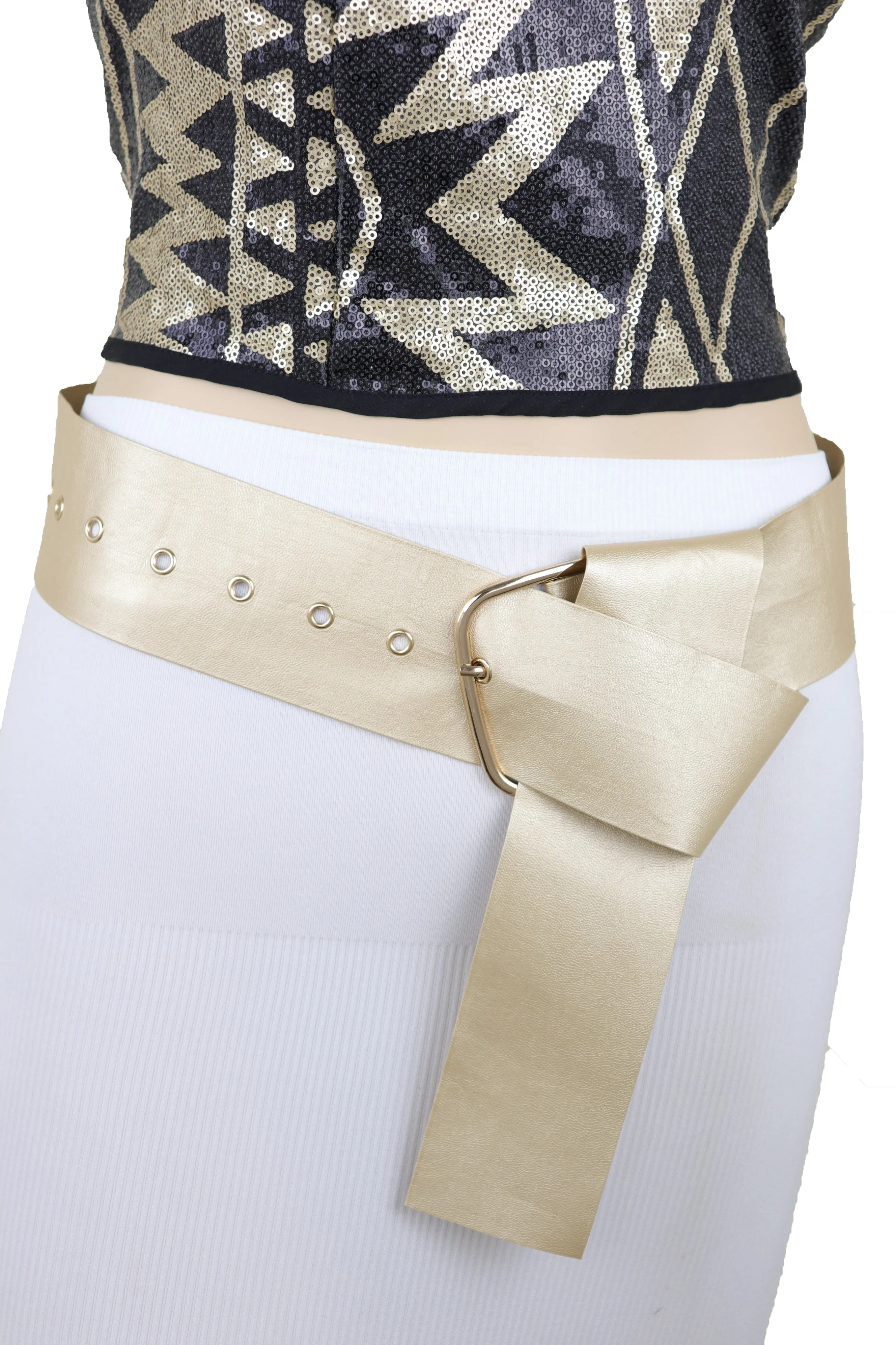 Gold Extra Long Fabric Wide Waistband Fashion Belt Adjustable Size XS S